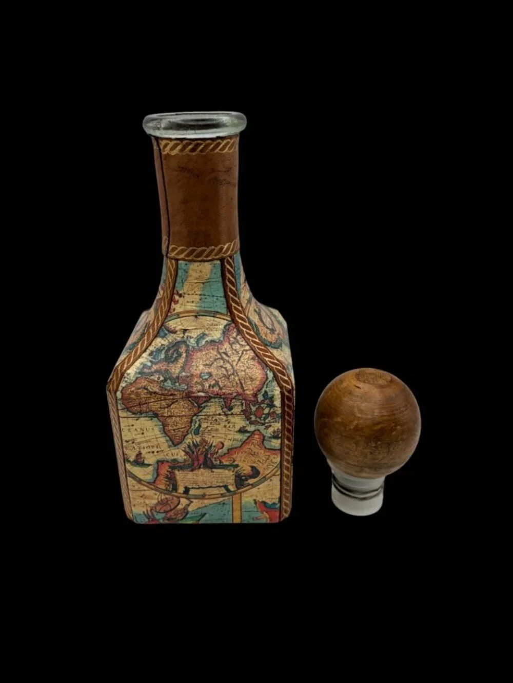 Vintage Old World Map Leather Liquor Decanter - Fausto Corduri Decanter - Italy